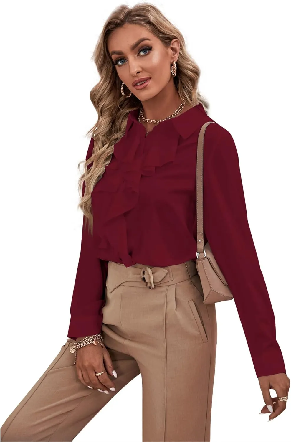 LYANER Women's Collar Neck Button Down Ruffle Front Long Sleeve Blouse Shirt Top