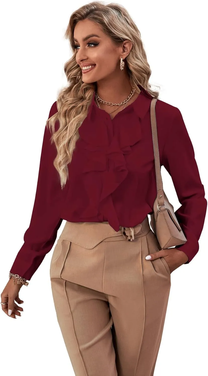 LYANER Women's Collar Neck Button Down Ruffle Front Long Sleeve Blouse Shirt Top