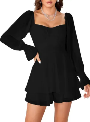 LYANER Women's Floral Print Off Shoulder Long Sleeve Ruffle Hem Romper Short Jumpsuit