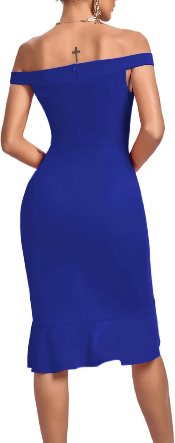 LYANER Women's Off Shoulder Ruffle Split Hem Bodycon Party Club Midi Dress