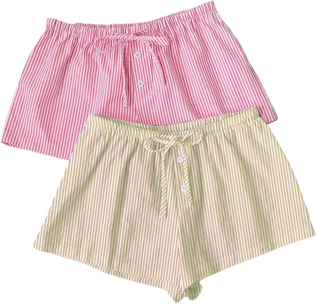 MakeMeChic Women's 2 Pack Linen Shorts Summer Beach Pajama Boxer Shorts