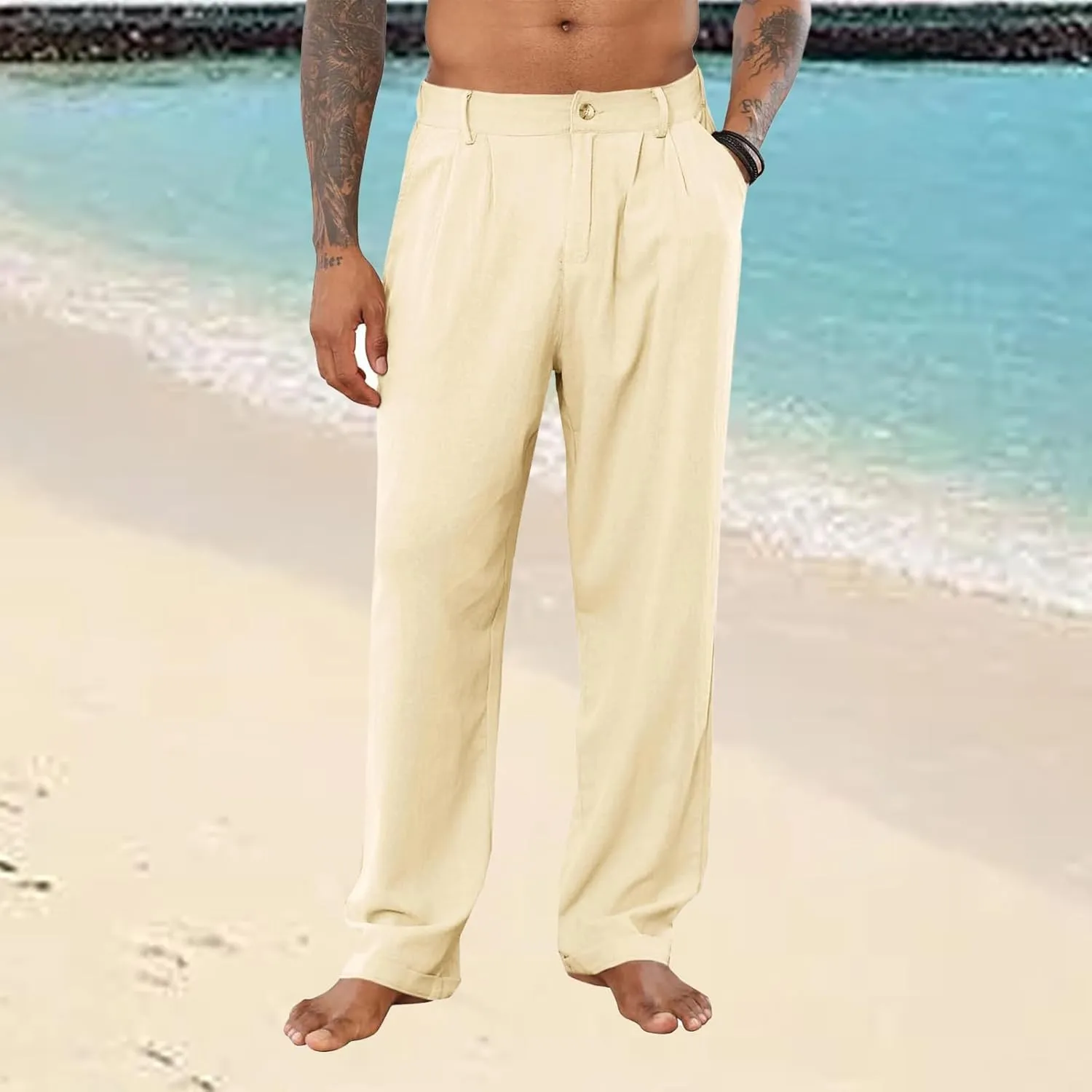 Mens Cotton Linen Casual Loose Fit Elastic Waist Lightweight Pleated with Pockets Yoga Beach Slacks Trousers Pants