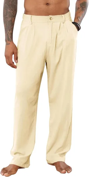 Mens Cotton Linen Casual Loose Fit Elastic Waist Lightweight Pleated with Pockets Yoga Beach Slacks Trousers Pants