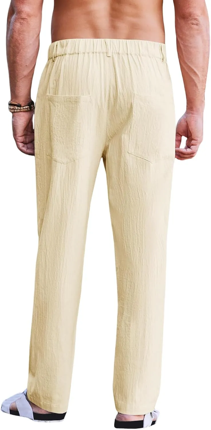 Mens Cotton Linen Casual Loose Fit Elastic Waist Lightweight Pleated with Pockets Yoga Beach Slacks Trousers Pants
