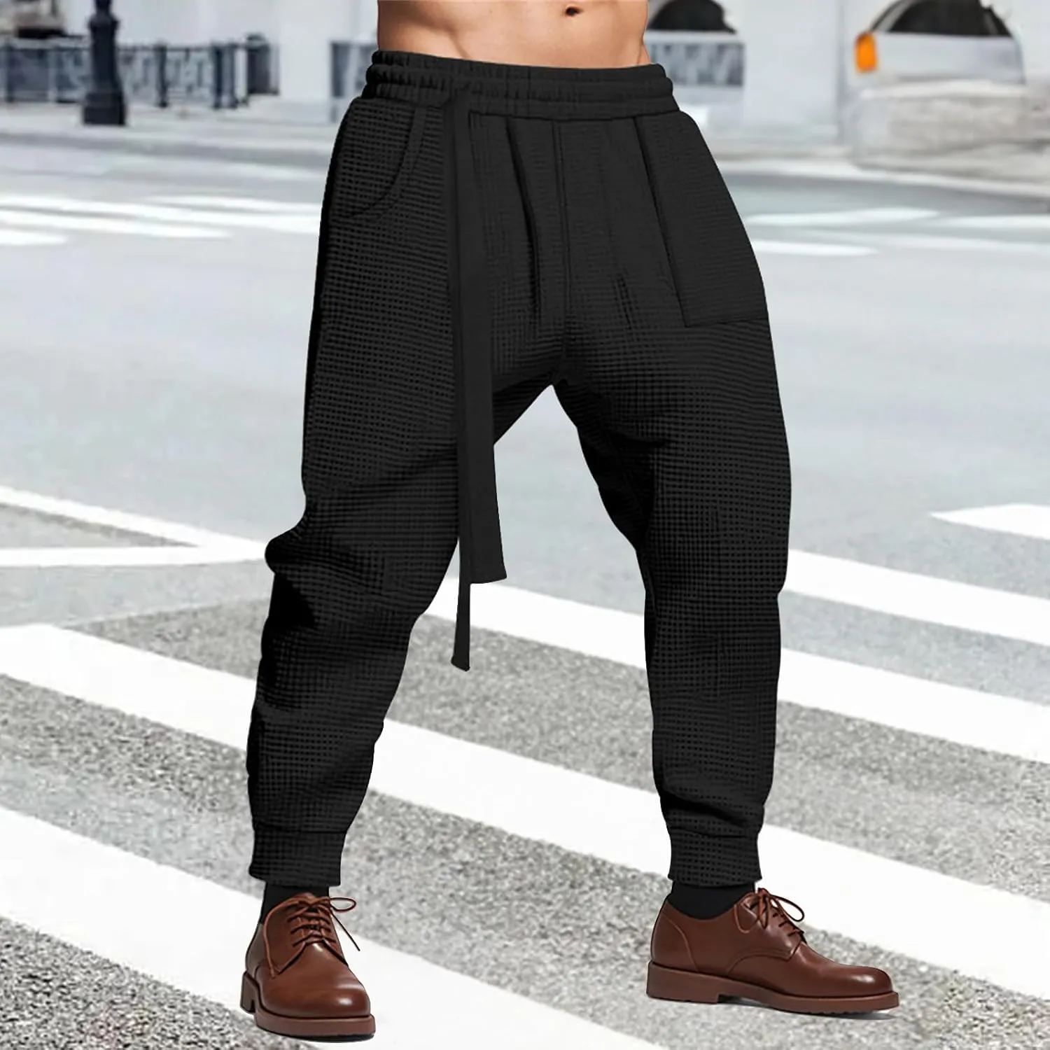 Mens Elastic Waist Drawstring Cargo Harem Baggy Sport Sweat Joggers Trousers Wide Leg Dress Business Work Suit Pants