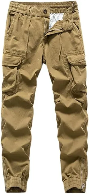Men's Korean Style Young Zipper Multi-Pocket Cuffed Cargo Pants Long