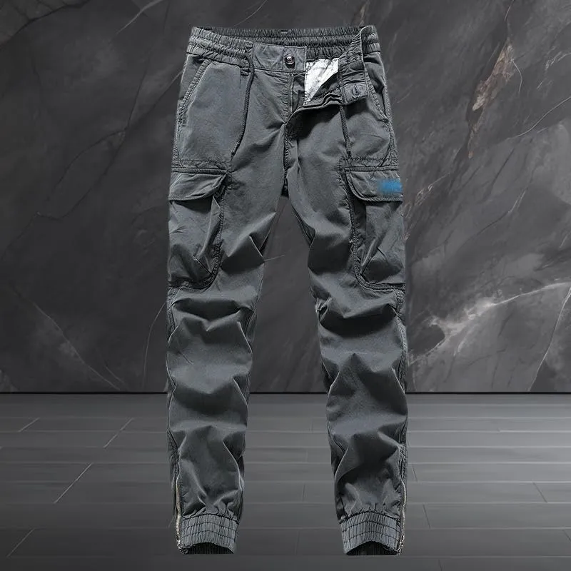 Men's Korean Style Young Zipper Multi-Pocket Cuffed Cargo Pants Long