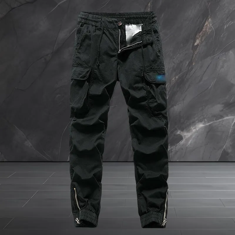 Men's Korean Style Young Zipper Multi-Pocket Cuffed Cargo Pants Long