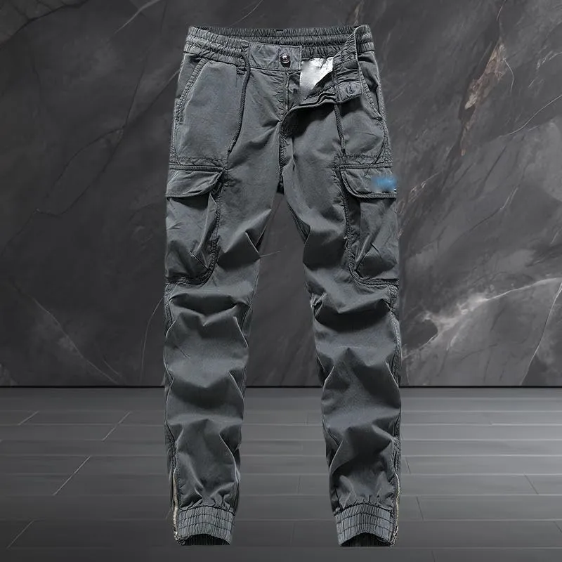 Men's Korean Style Young Zipper Multi-Pocket Cuffed Cargo Pants Long