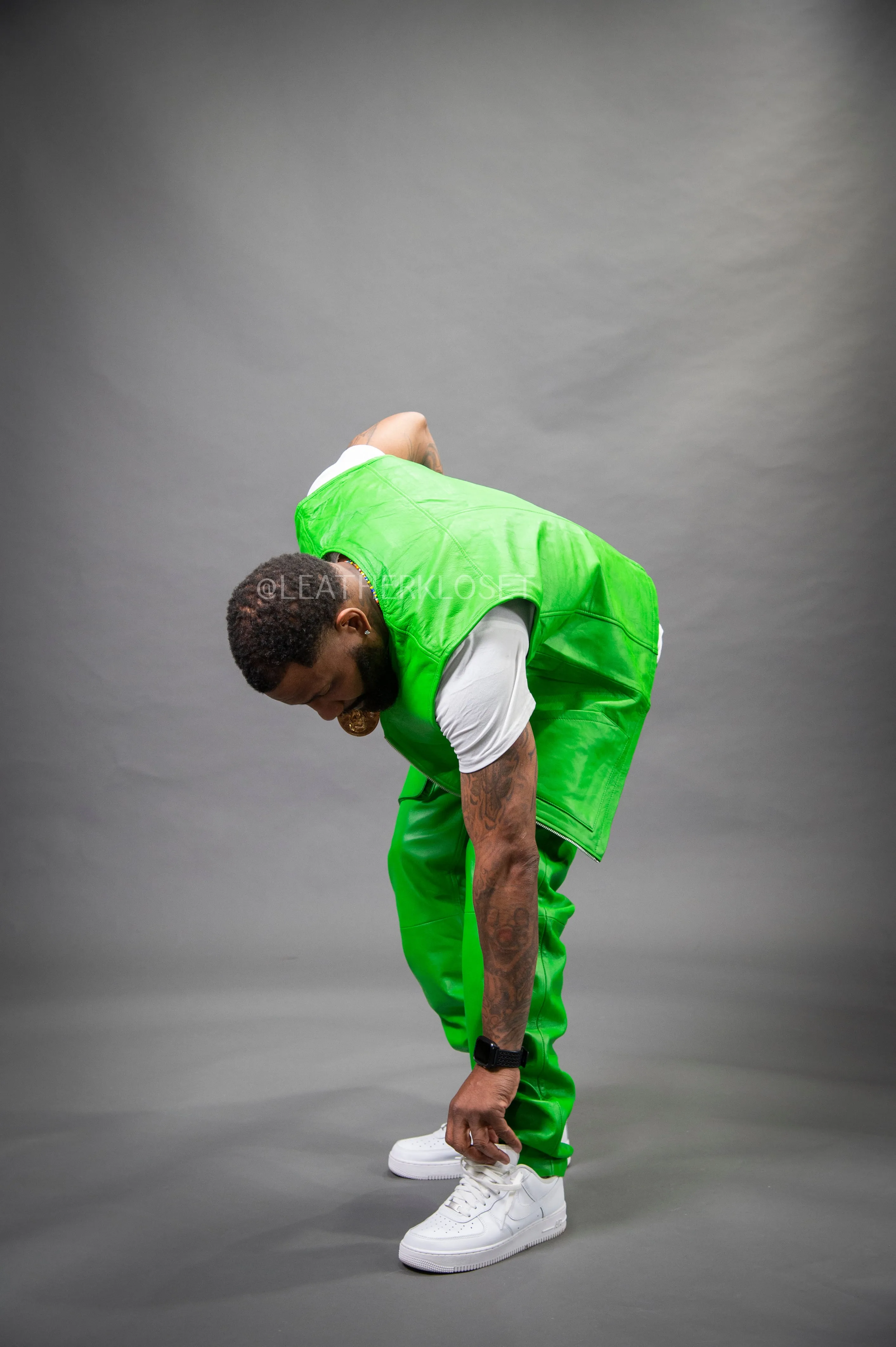 Men's Leather Brooklyn Vest With Leather Cargo Pants Green [Slim-Cut]