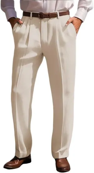 Mens Linen Leisure Dress Pants Pleated Summer Casual Pants Loose Fit Breathable Beach Vacation Pants Long