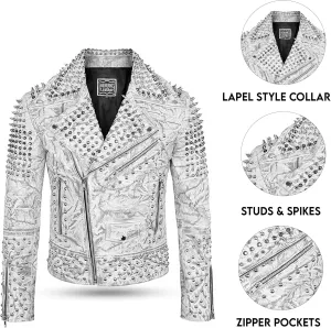 Men's Spiked Biker Jacket in Multicolor Cowhide Leather with Punk Rock Vibes
