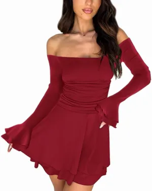 MiiVoo Women's Long Sleeve Tube Dress Sexy Off Shoulder Ruffle Tiered Flowy Bodycon Mini Dresses
