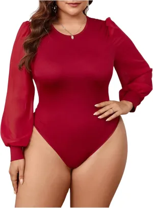 Milumia Women's Plus Size Crew Neck Mesh Long Sleeve Bodysuit Leotards Shirts Jumpsuit