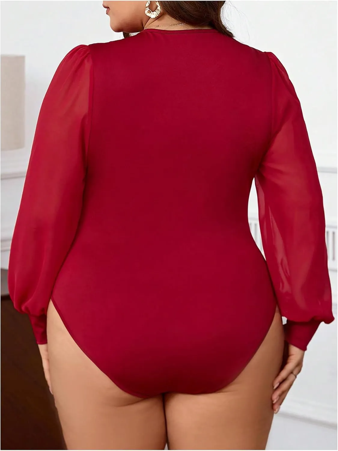 Milumia Women's Plus Size Crew Neck Mesh Long Sleeve Bodysuit Leotards Shirts Jumpsuit