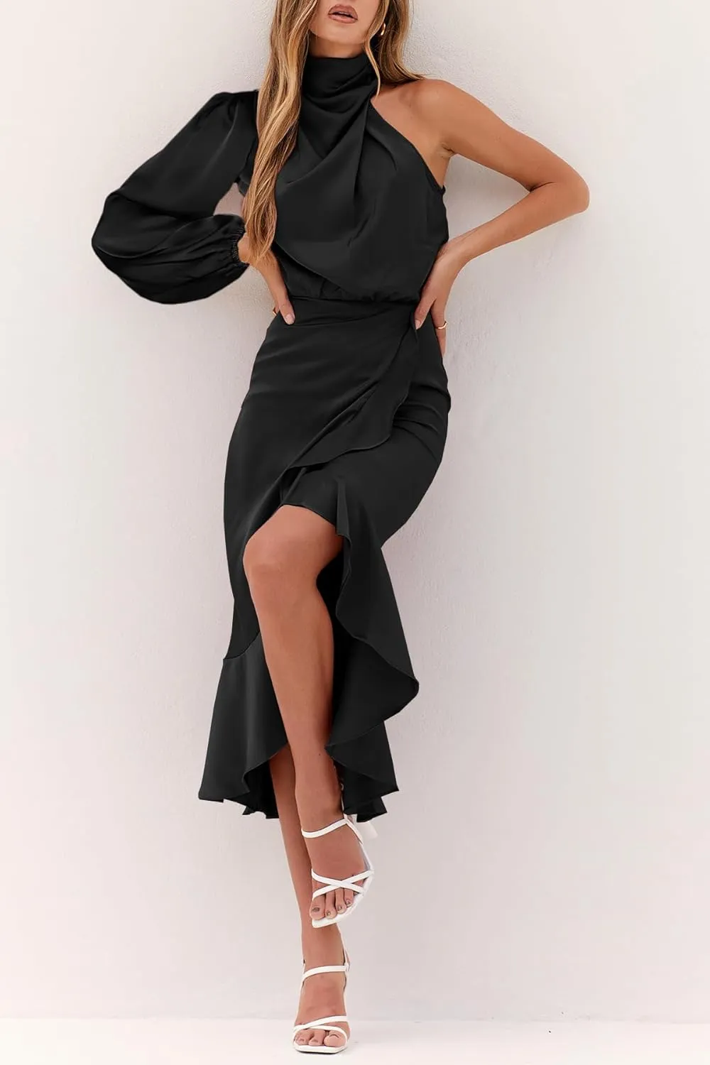 MITILLY Women's Satin Formal One-Shoulder Mock Neck Long Sleeve Bodycon Wrap Mermaid Hem Cocktail Party Maxi Dress New