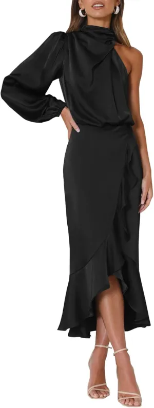 MITILLY Women's Satin Formal One-Shoulder Mock Neck Long Sleeve Bodycon Wrap Mermaid Hem Cocktail Party Maxi Dress New
