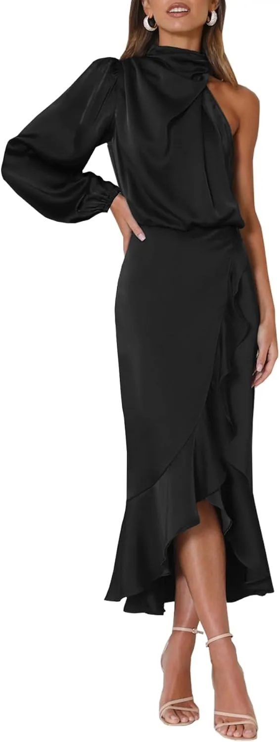 MITILLY Women's Satin Formal One-Shoulder Mock Neck Long Sleeve Bodycon Wrap Mermaid Hem Cocktail Party Maxi Dress New
