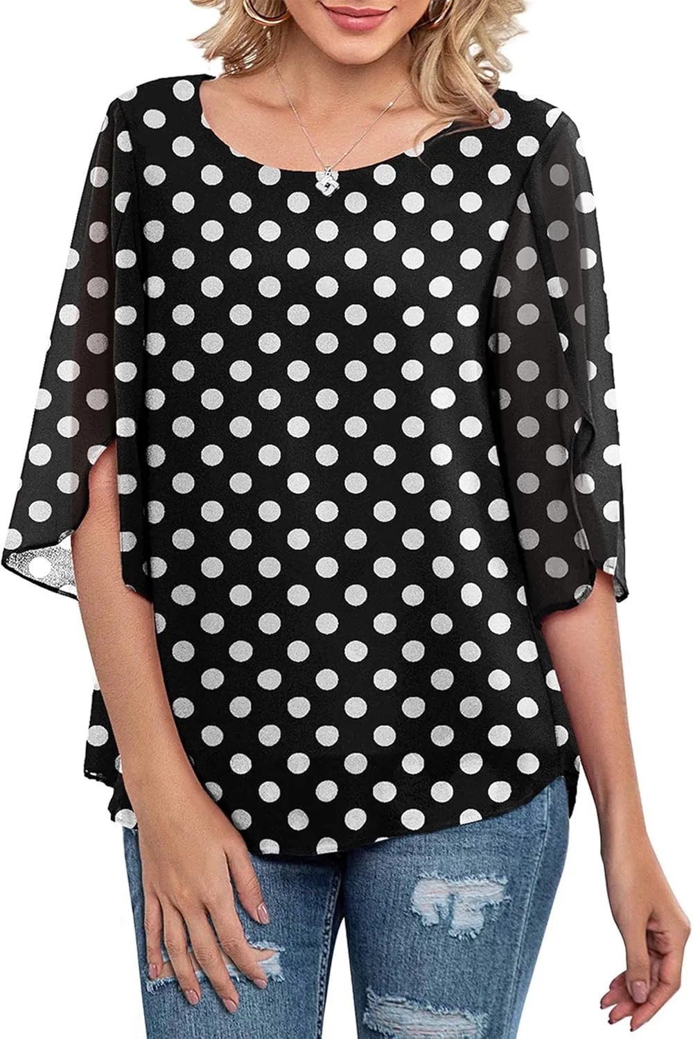 Neineiwu Womens Casual Scoop Neck Loose Top 3/4 Sleeve Chiffon Blouse Shirt Tops