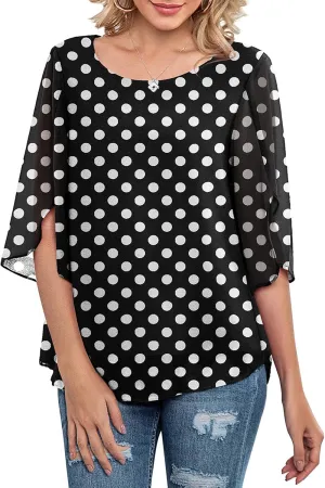 Neineiwu Womens Casual Scoop Neck Loose Top 3/4 Sleeve Chiffon Blouse Shirt Tops