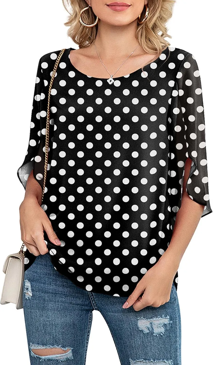 Neineiwu Womens Casual Scoop Neck Loose Top 3/4 Sleeve Chiffon Blouse Shirt Tops