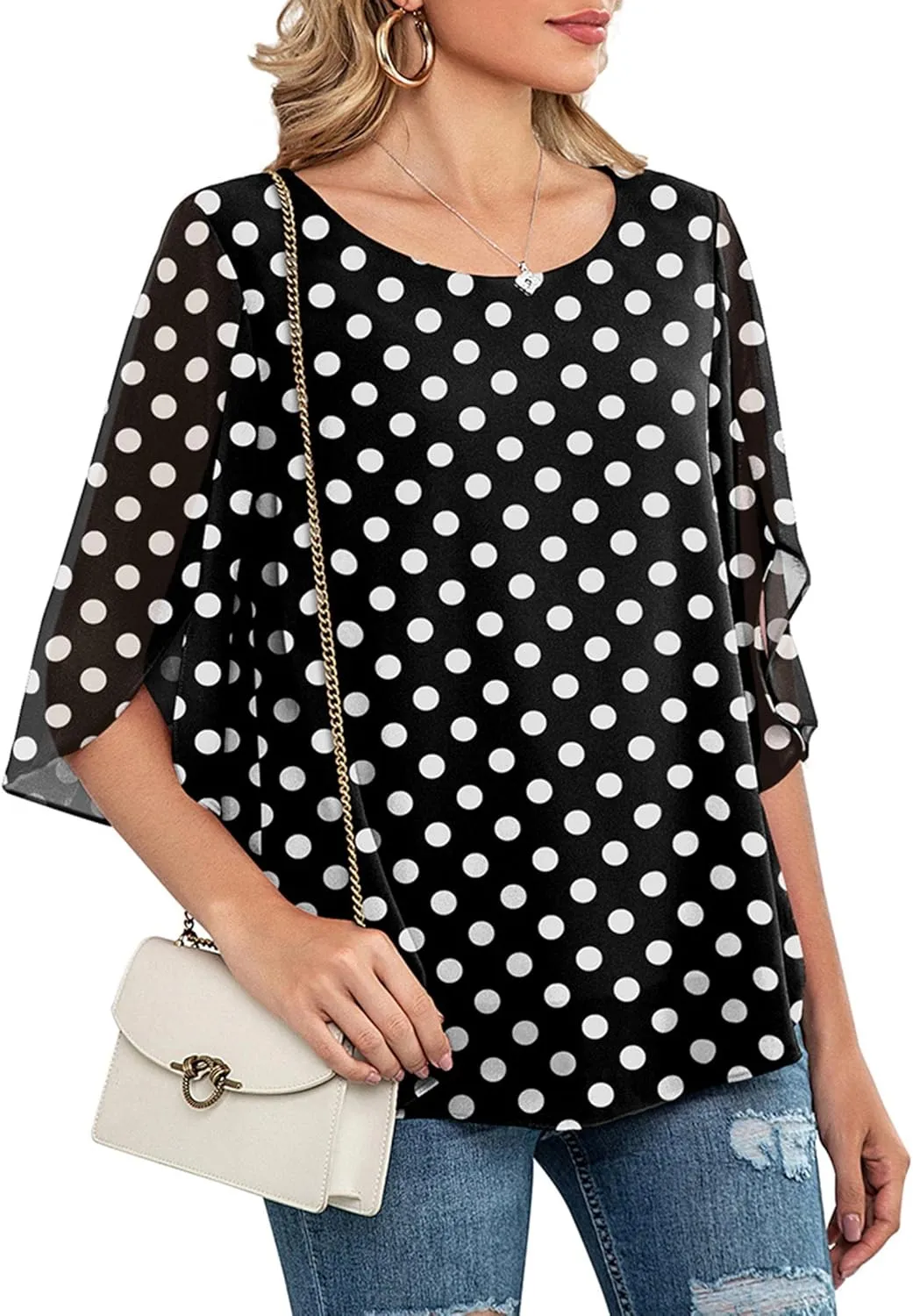 Neineiwu Womens Casual Scoop Neck Loose Top 3/4 Sleeve Chiffon Blouse Shirt Tops