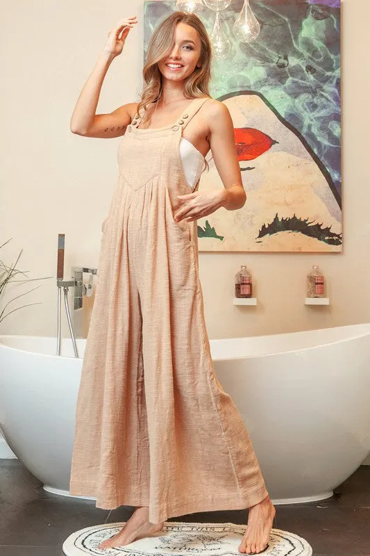 Oatmeal Gathered Front Pockets Slub Sleeveless Jumpsuit