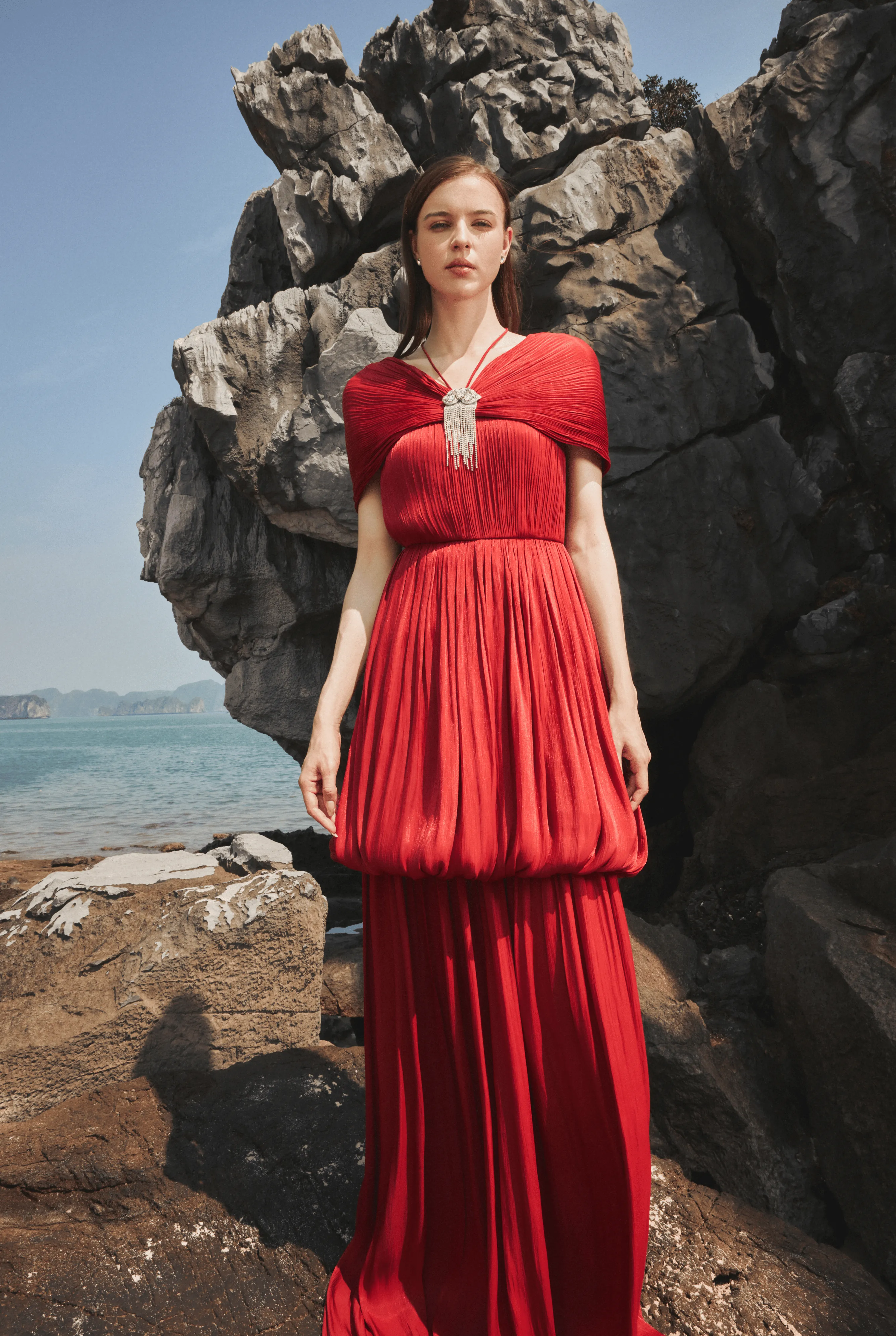 Off-Shoulder Bubble Flare Pleated Full Dress
