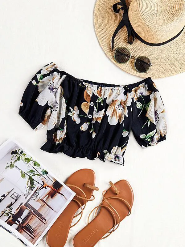 Off Shoulder Floral Print Blouse