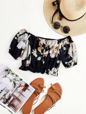 Off Shoulder Floral Print Blouse
