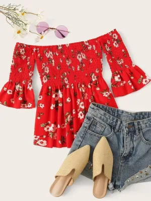 Off-shoulder Floral Print Shirred Blouse