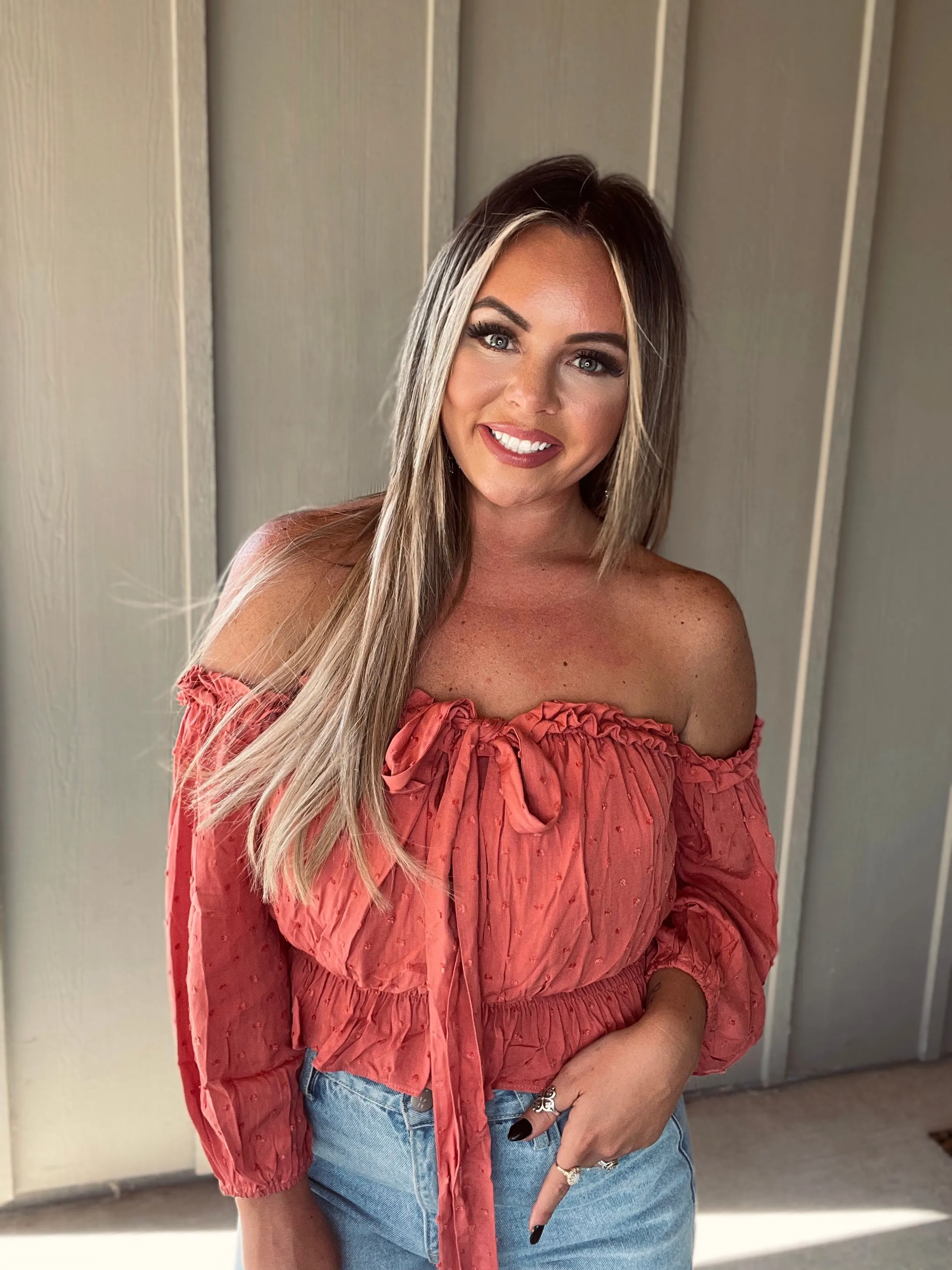 Off Shoulder Smocked Waist Blouse
