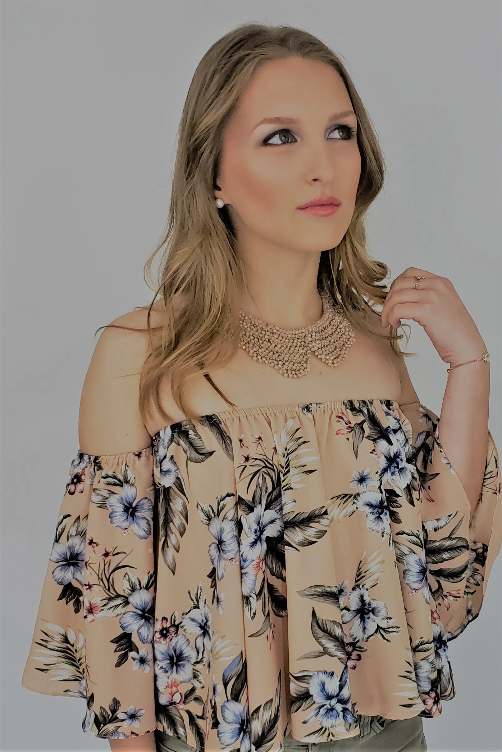 OOH Zaalima Off the Shoulder Boho Top in Blush Floral Print