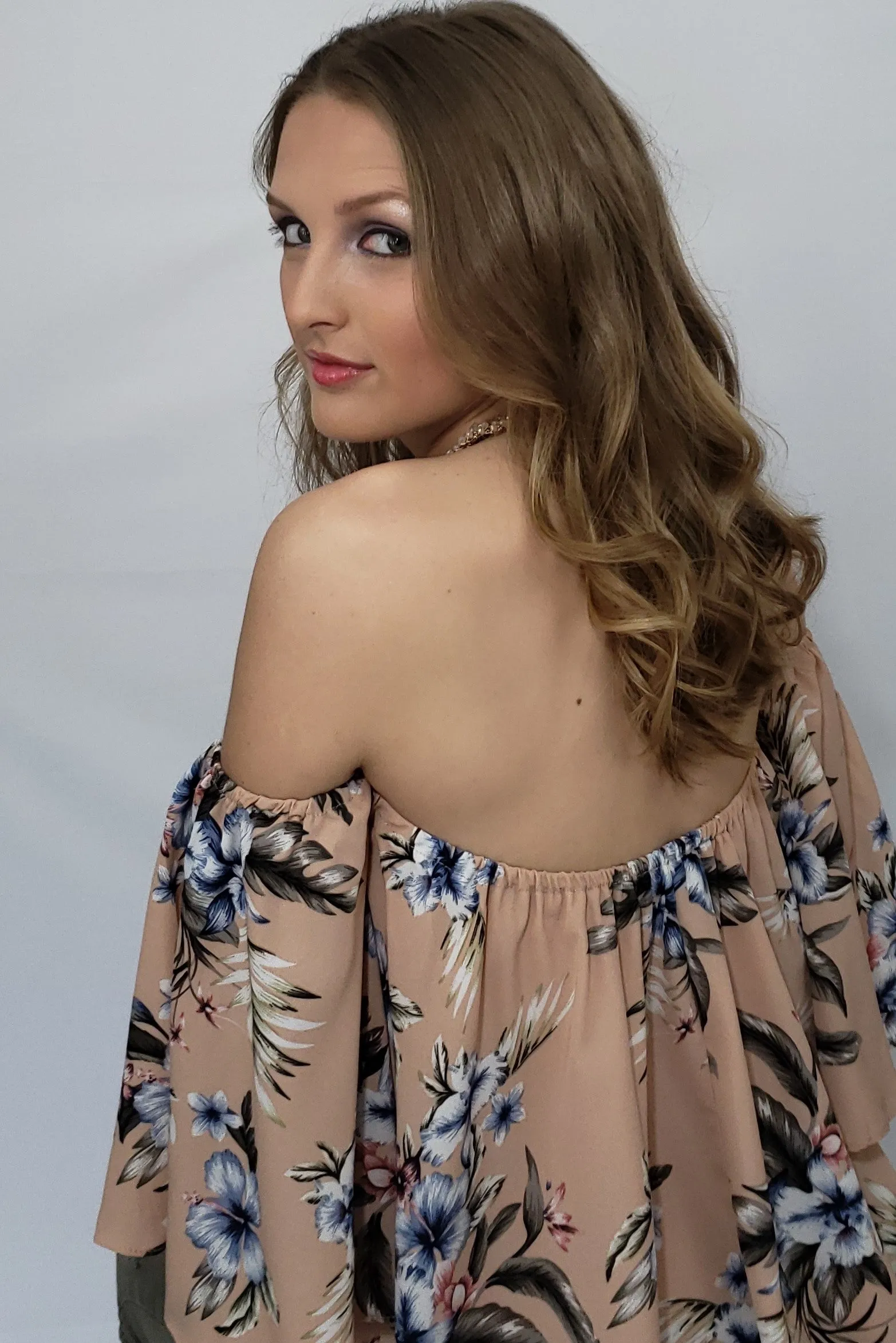OOH Zaalima Off the Shoulder Boho Top in Blush Floral Print