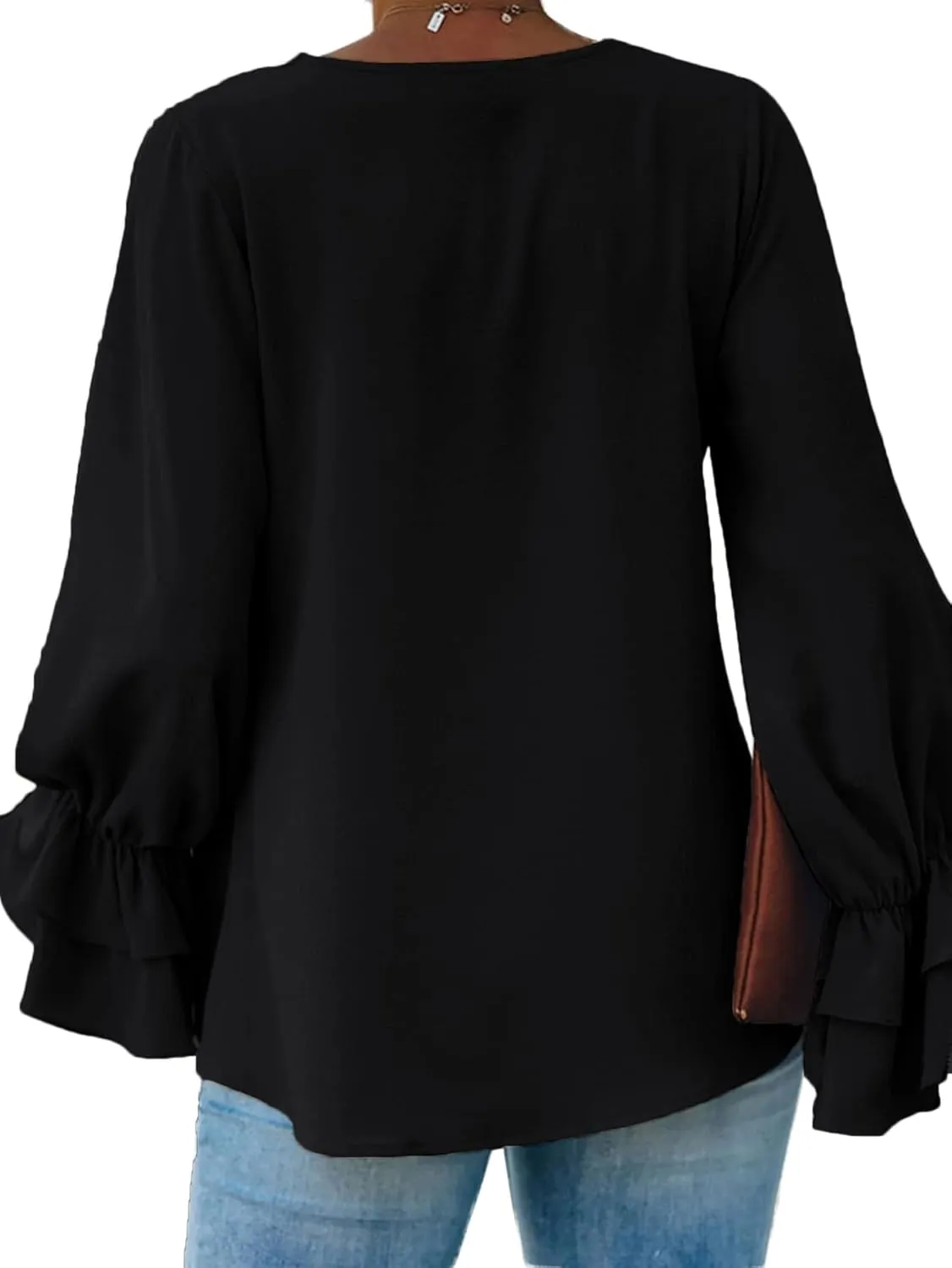 OPOIPIN Women's Casual Tiered Ruffle Bell Long Sleeve Round Neck Blouse Shirt Top