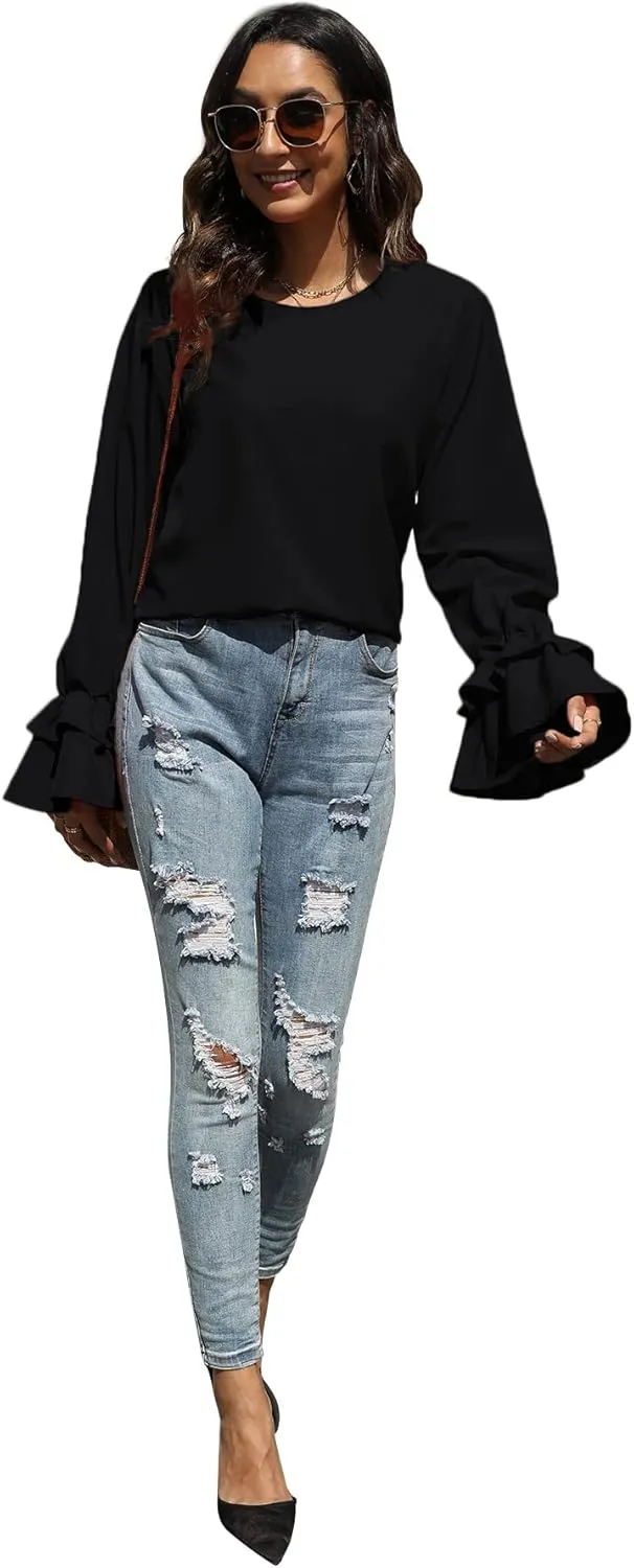 OPOIPIN Women's Casual Tiered Ruffle Bell Long Sleeve Round Neck Blouse Shirt Top