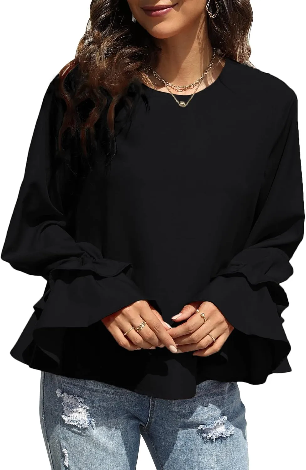 OPOIPIN Women's Casual Tiered Ruffle Bell Long Sleeve Round Neck Blouse Shirt Top