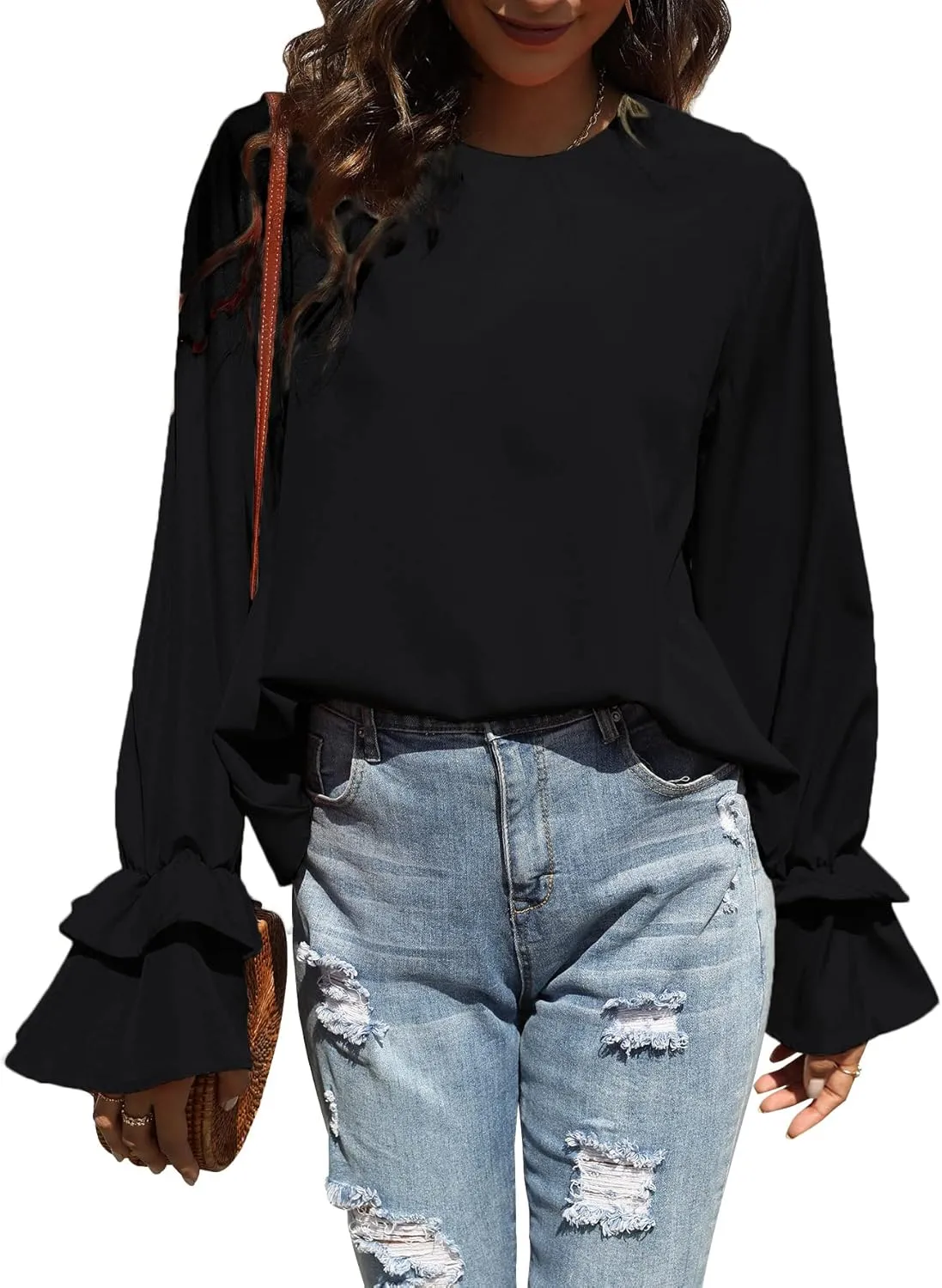 OPOIPIN Women's Casual Tiered Ruffle Bell Long Sleeve Round Neck Blouse Shirt Top