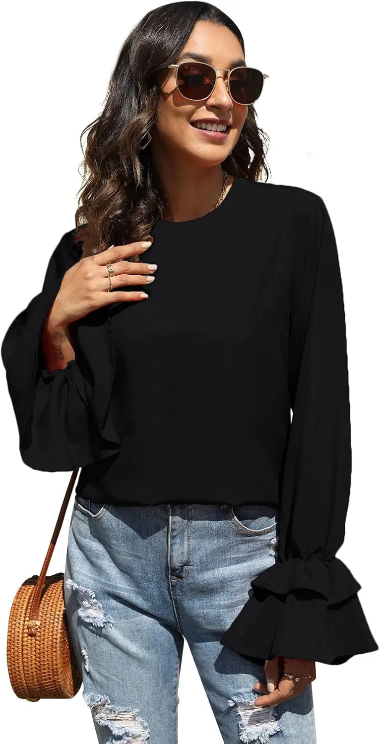OPOIPIN Women's Casual Tiered Ruffle Bell Long Sleeve Round Neck Blouse Shirt Top