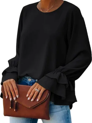 OPOIPIN Women's Casual Tiered Ruffle Bell Long Sleeve Round Neck Blouse Shirt Top