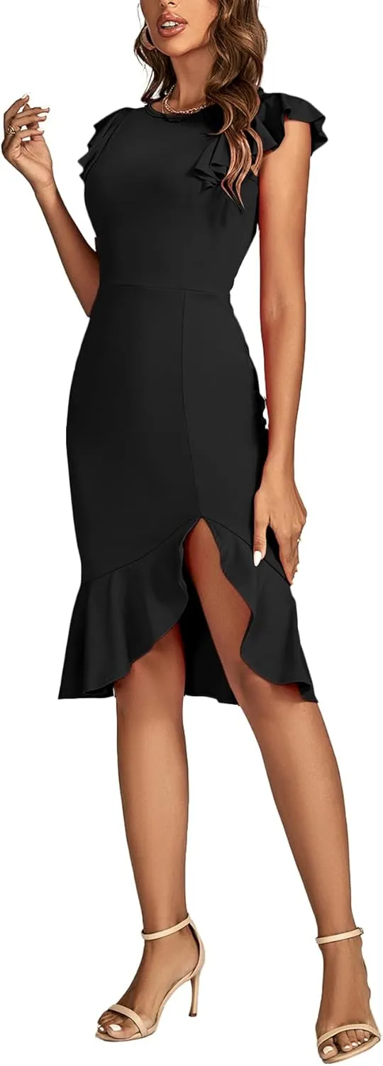 OPOIPIN Women's Flutter Sleeve Crewneck Ruffle Hem Mermaid Sleeveless Party Short Dress