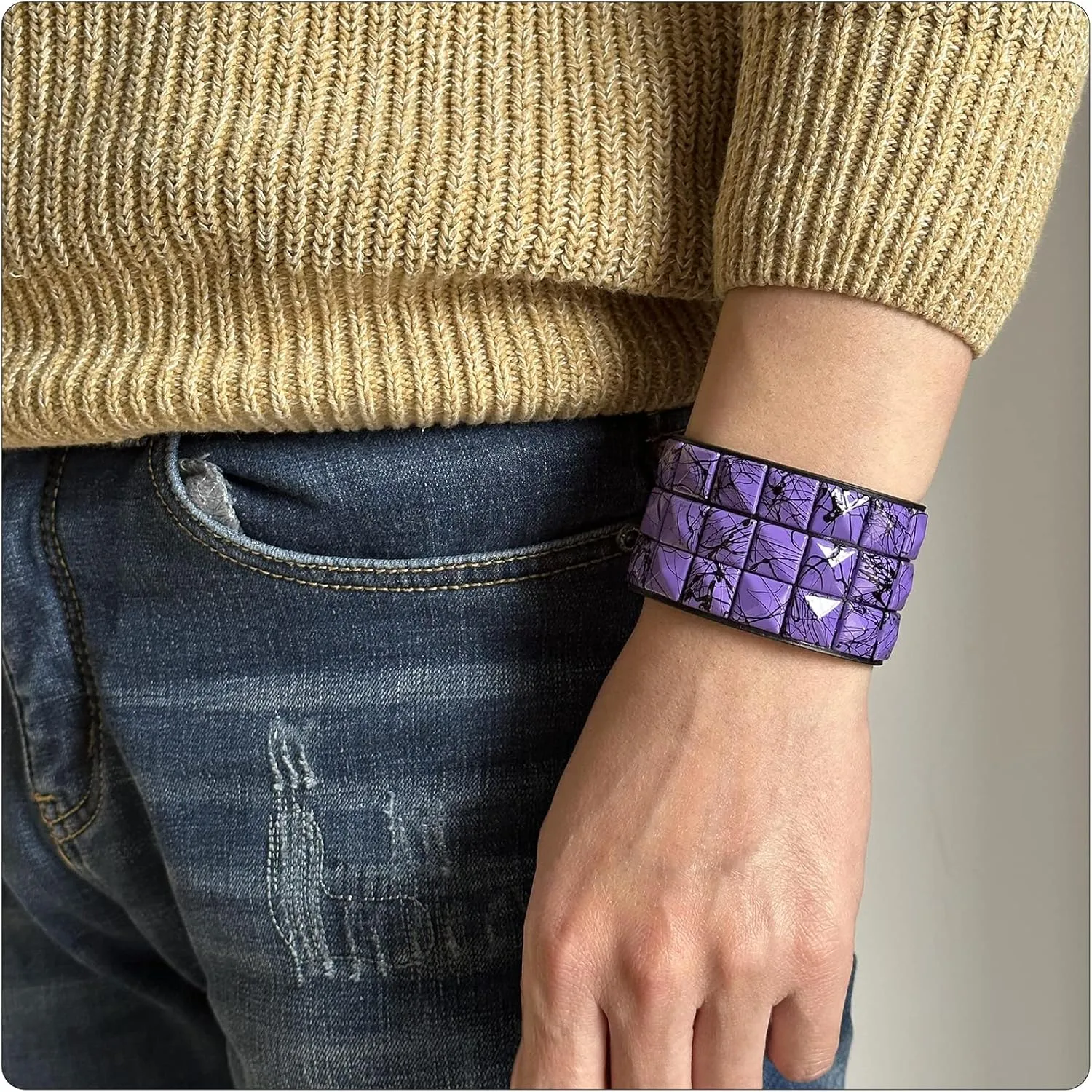PEAS Punk Jewelry Pyramid Studded Wristband Rivet Wide Pu Leather Cuff Bracelet