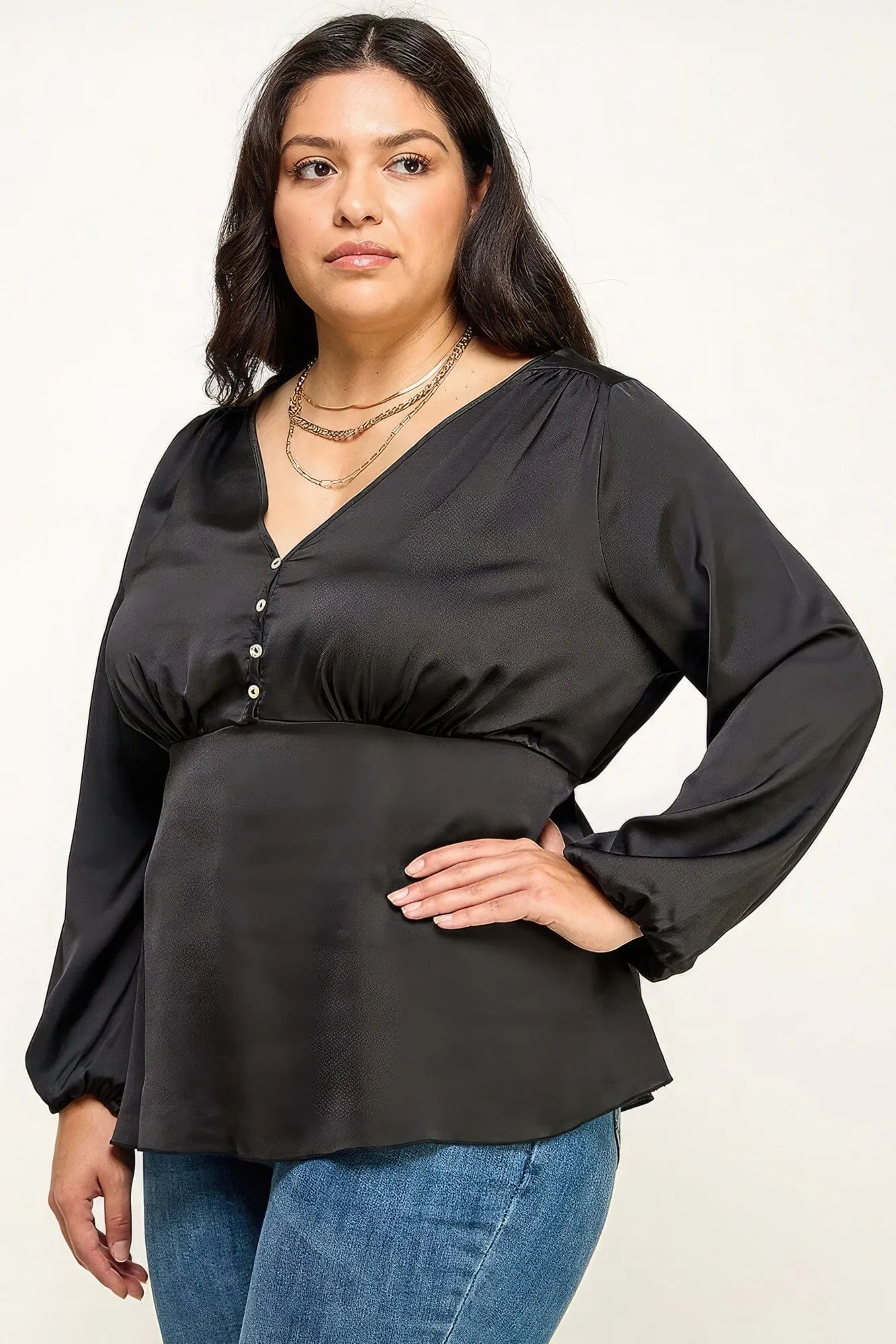 Plus Size Black Long Sleeve Peplum Blouse Top