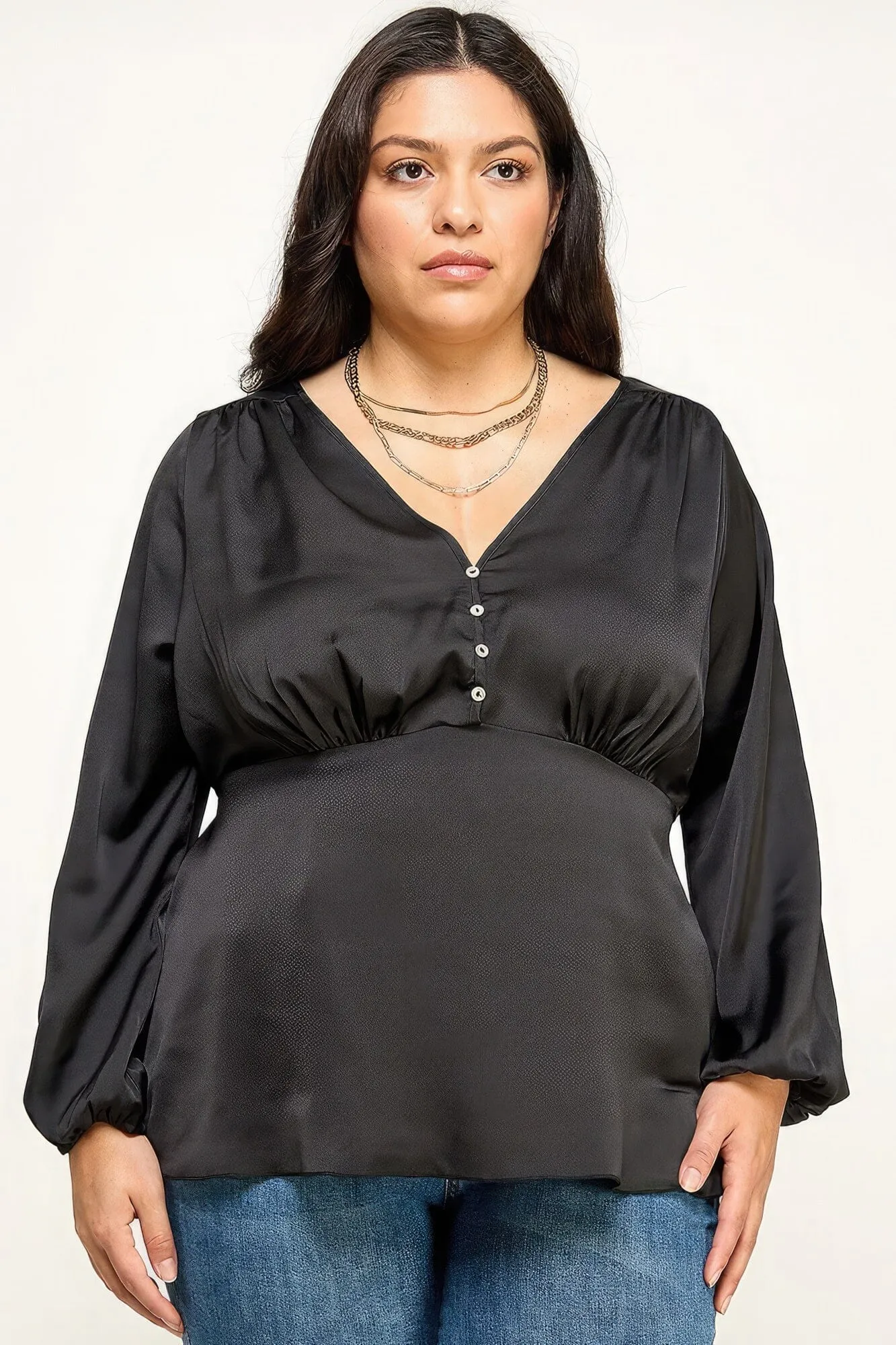 Plus Size Black Long Sleeve Peplum Blouse Top