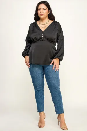 Plus Size Black Long Sleeve Peplum Blouse Top