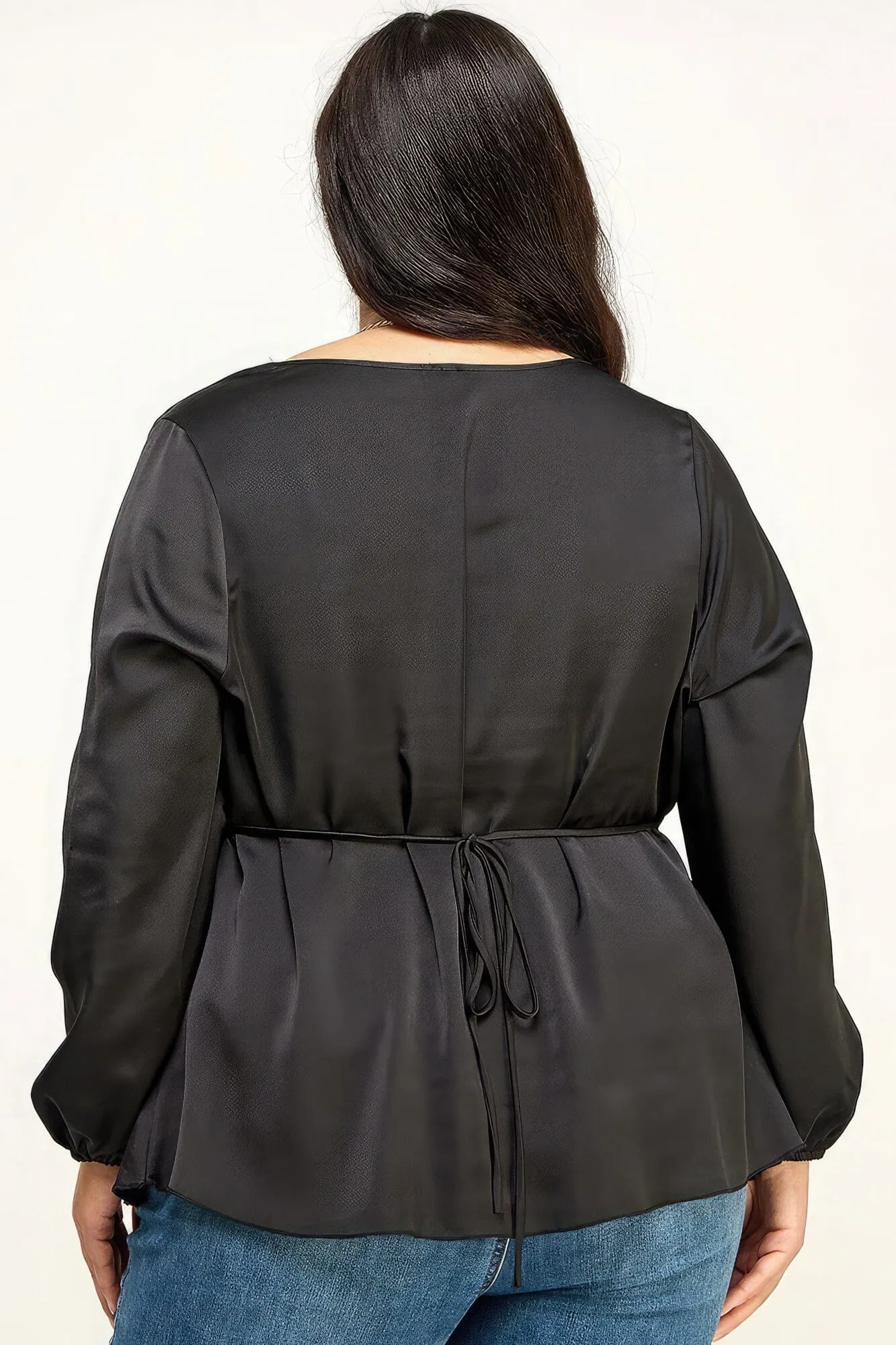 Plus Size Black Long Sleeve Peplum Blouse Top
