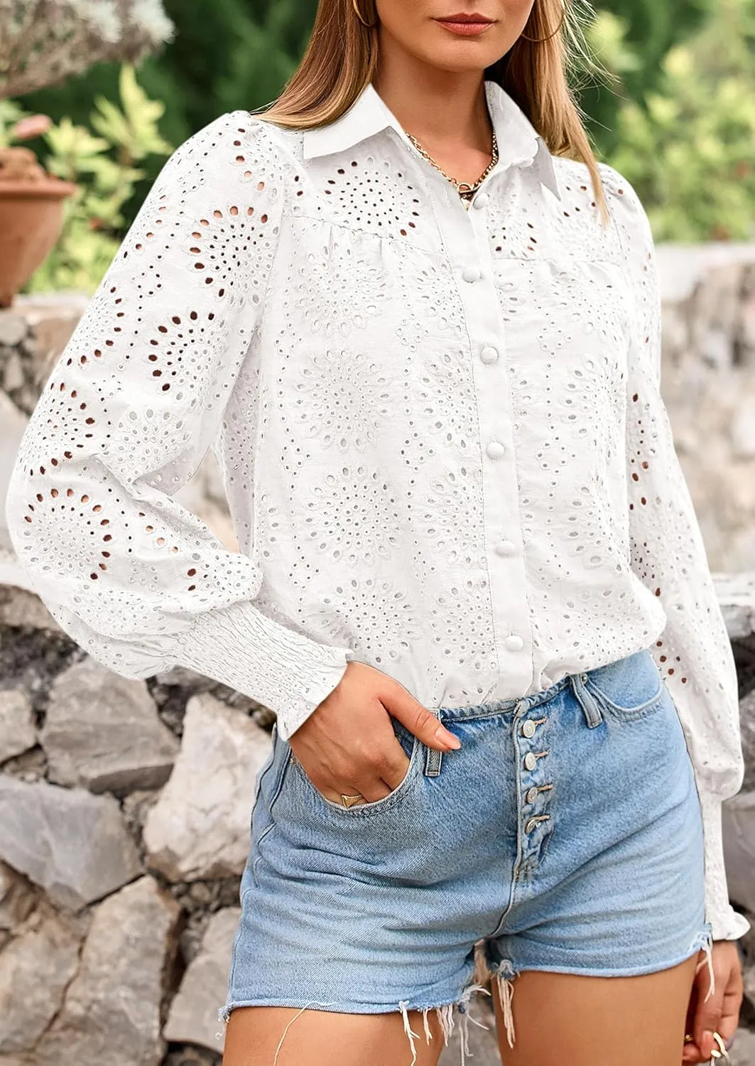 PRETTYGARDEN Women's Spring Button Down Shirts Dressy Casual Fall Long Puff Sleeve Eyelet Loose Fit Collared Blouse Top