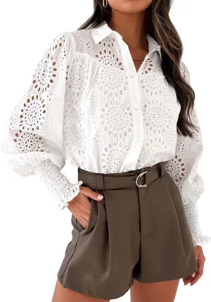 PRETTYGARDEN Women's Spring Button Down Shirts Dressy Casual Fall Long Puff Sleeve Eyelet Loose Fit Collared Blouse Top