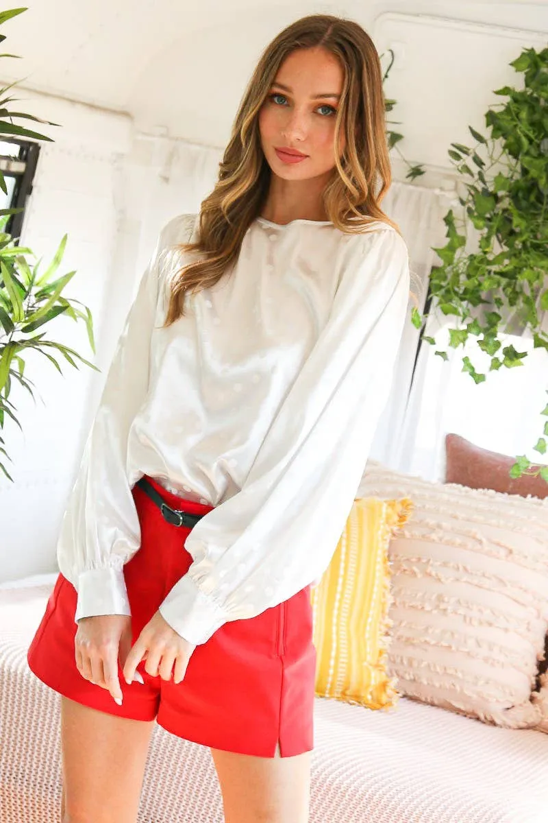 Puff Sleeve Dot Print Satin Blouse