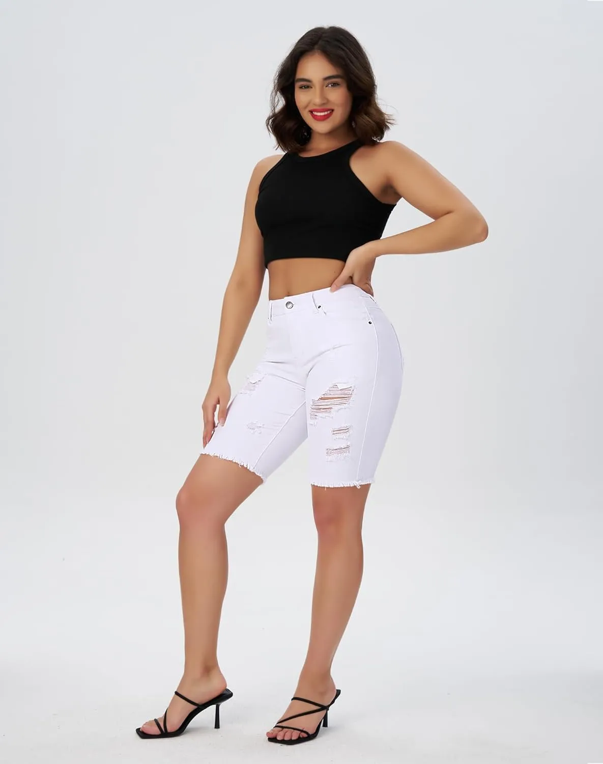 roswear Women's Bermuda Shorts Distressed High Waisted Denim Jean Shorts with Frayed Hem